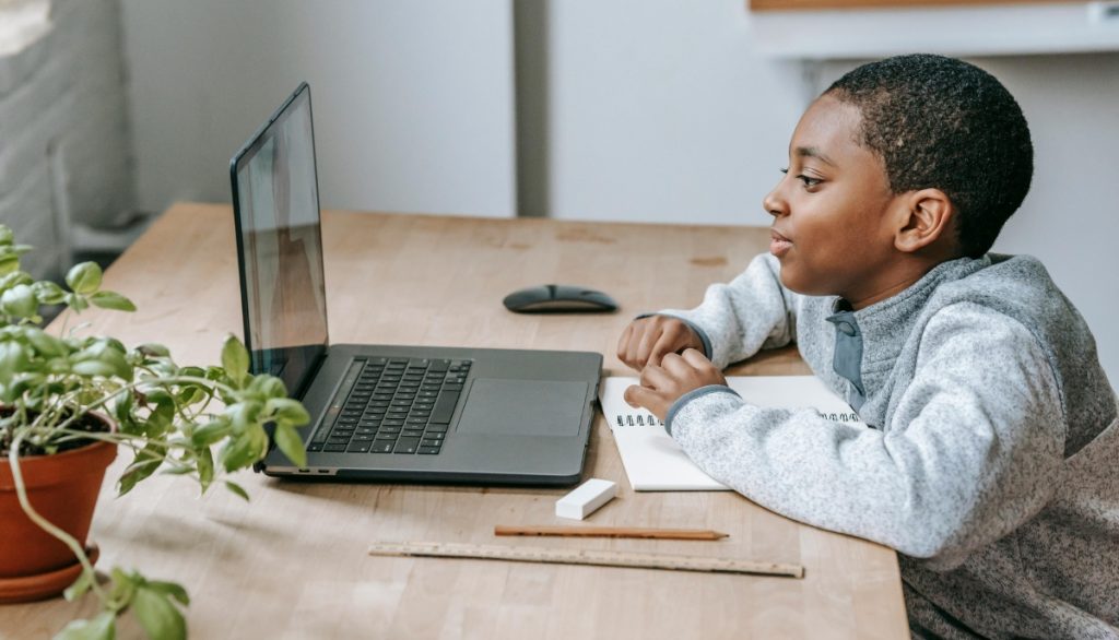 a young boy uses a laptop