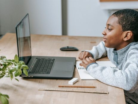 a young boy uses a laptop