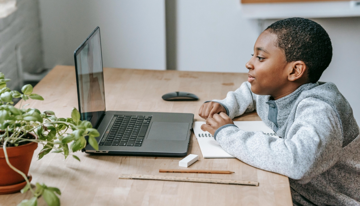 a young boy uses a laptop