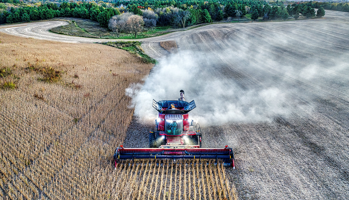 aerial view of a combine harvester