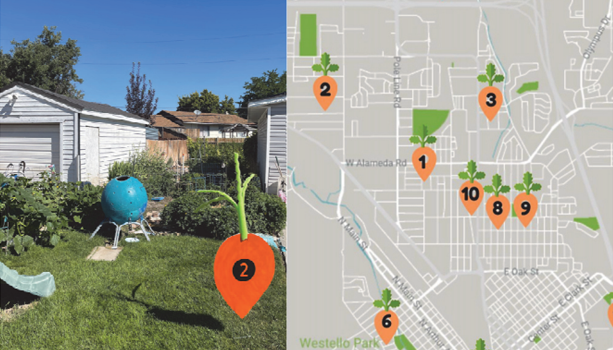 map of gardens with points highlighted with carrot icons. there is also a photograph of a garden.
