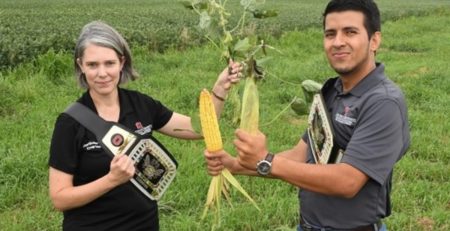 two scientists hold a corn plant and a soybean plant in a mock competition