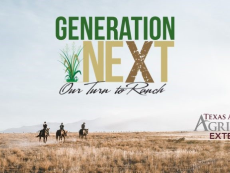 3 people riding horses on a prairie with the text "Generation Next: Our Turn to Ranch" and the Texas A&M Agrilife Extension logo