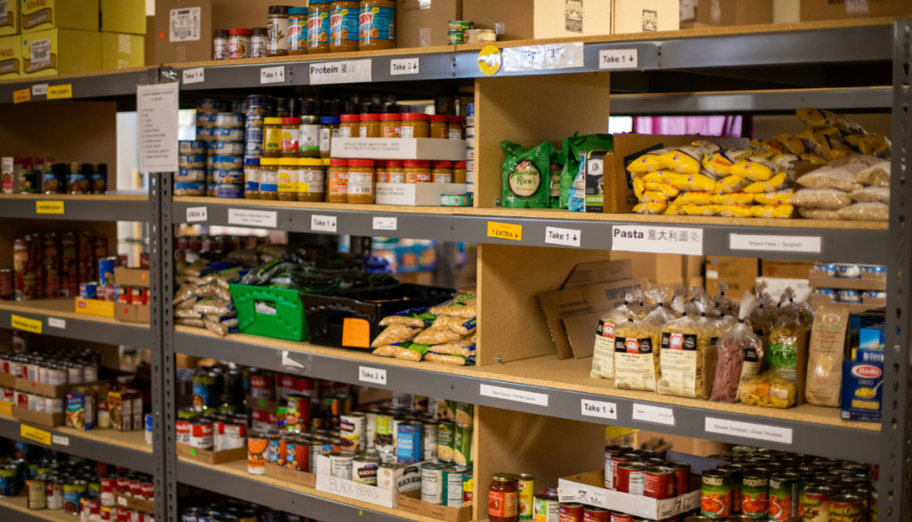 shelves of a food bank