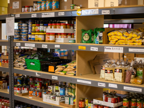 shelves of a food bank
