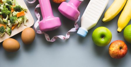 Healthy foods and exercise equipment.